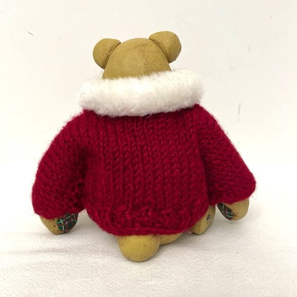 Teddy Bear Shelf Sitter Folk Art Red Sweater Green Christmas Tree - Picture 3 of 7